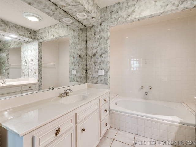 5704 E 65th St, Tulsa, OK 74136 - full bath with a bath, tile patterned floors, vanity, and wallpapered walls