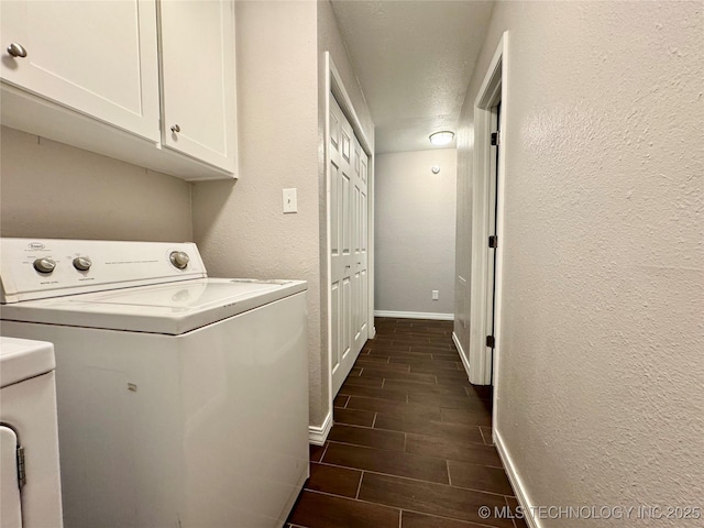 1404 Compelube Rd, Mcalester, OK 74501 - washroom with separate washer and dryer, wood finish floors, cabinet space, and a textured wall