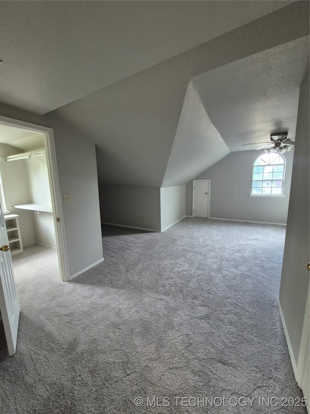2200 SW Wolf Run Ct, Claremore, OK 74019 - additional living space with a ceiling fan, carpet floors, lofted ceiling, and a textured ceiling