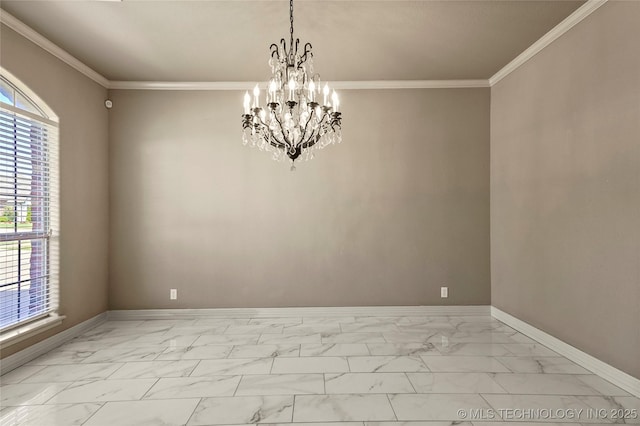 1317 W Dover St, Broken Arrow, OK 74012 - empty room featuring light marble finish floors, a chandelier, and crown molding