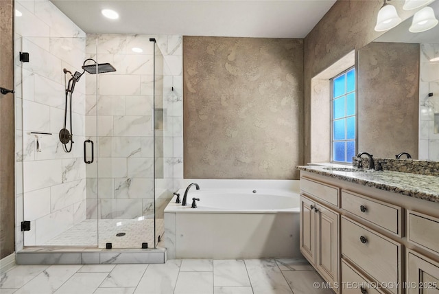 1317 W Dover St, Broken Arrow, OK 74012 - full bathroom with marble finish floors, vanity, a bath, and a shower stall