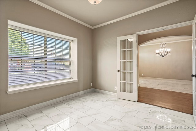 1317 W Dover St, Broken Arrow, OK 74012 - unfurnished room with marble finish floors, ornamental molding, arched walkways, healthy amount of natural light, and french doors