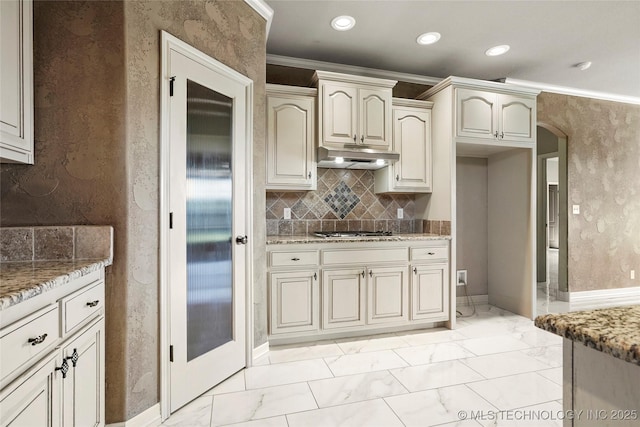 1317 W Dover St, Broken Arrow, OK 74012 - kitchen with under cabinet range hood, light marble finish floors, stainless steel gas stovetop, light stone countertops, and recessed lighting