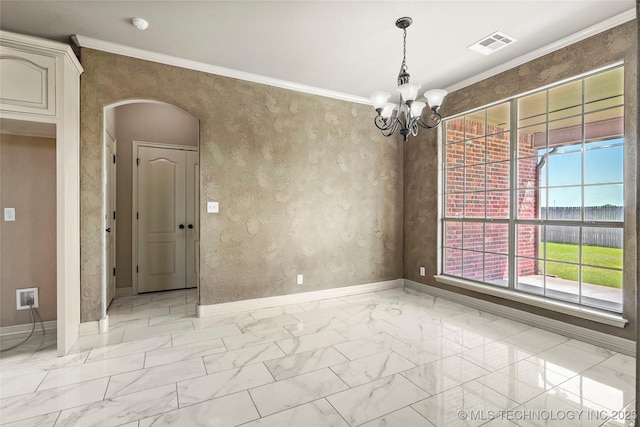 1317 W Dover St, Broken Arrow, OK 74012 - unfurnished room with arched walkways, light marble finish flooring, a chandelier, and crown molding
