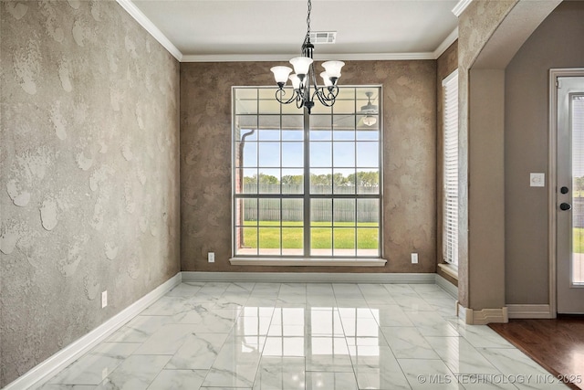 1317 W Dover St, Broken Arrow, OK 74012 - unfurnished dining area featuring light marble finish floors, a chandelier, and crown molding