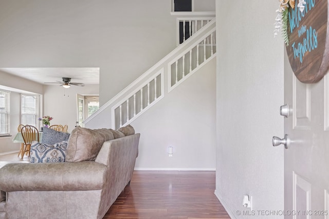 11784 N 154th Ave, Collinsville, OK 74021 - living room featuring stairs, wood finished floors, and a ceiling fan