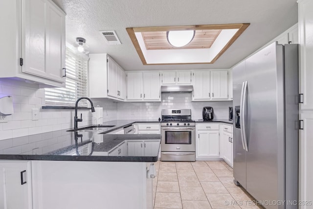 11784 N 154th Ave, Collinsville, OK 74021 - kitchen featuring appliances with stainless steel finishes, a peninsula, backsplash, a raised ceiling, and white cabinetry