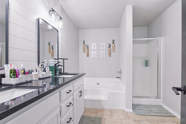 11784 N 154th Ave, Collinsville, OK 74021 - bathroom with double vanity, a shower stall, a bath, and tile patterned floors
