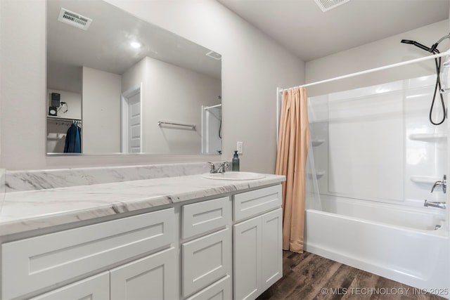 11608 S 274th E Pl, Coweta, OK 74429 - full bathroom with shower / tub combo with curtain, vanity, and wood finished floors