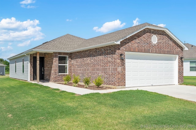 11608 S 274th E Pl, Coweta, OK 74429 - ranch-style home featuring brick siding, concrete driveway, a front yard, an attached garage, and roof with shingles