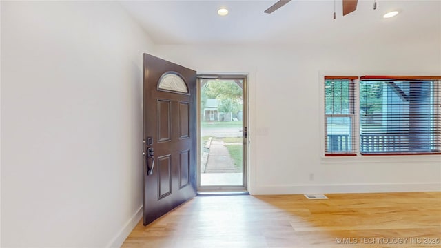403 N Vine Ave, Cleveland, OK 74020 - foyer featuring ceiling fan, light wood finished floors, and recessed lighting