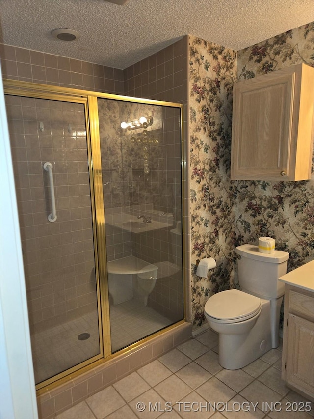 8302 E 84th St, Tulsa, OK 74133 - full bathroom featuring a textured ceiling, vanity, tile patterned flooring, a shower stall, and wallpapered walls