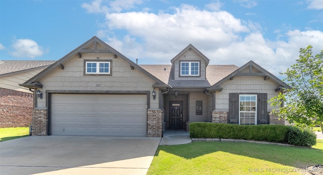 11105 N 145th E Pl, Owasso, OK 74055 - craftsman house featuring a front yard, driveway, brick siding, roof with shingles, and an attached garage