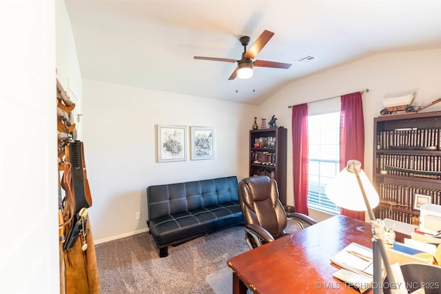 11105 N 145th E Pl, Owasso, OK 74055 - office area featuring vaulted ceiling, ceiling fan, and carpet flooring