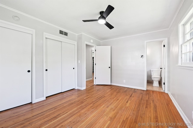 4643 E 59th St, Tulsa, OK 74135 - unfurnished bedroom with light wood finished floors, crown molding, ensuite bathroom, and a ceiling fan