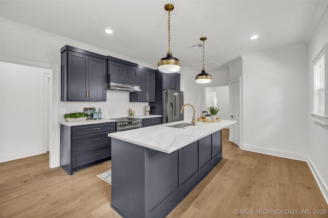 1524 N Main St, Tulsa, OK 74106 - kitchen featuring under cabinet range hood, high quality appliances, an island with sink, hanging light fixtures, and light wood-style floors