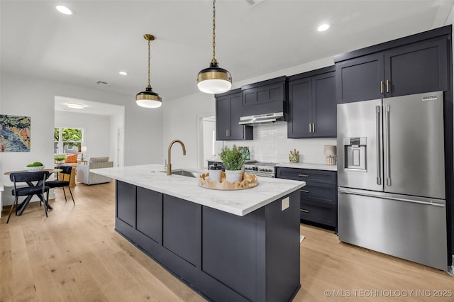 1524 N Main St, Tulsa, OK 74106 - kitchen with high quality fridge, decorative backsplash, light wood finished floors, decorative light fixtures, and a center island with sink