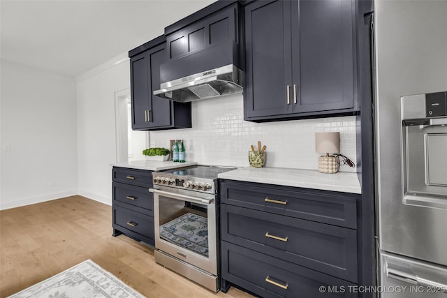 1524 N Main St, Tulsa, OK 74106 - kitchen featuring appliances with stainless steel finishes, exhaust hood, backsplash, and light wood finished floors