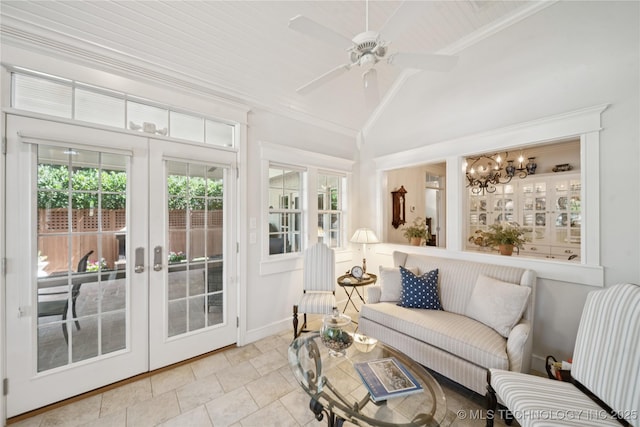 8002 E Galveston Pl, Broken Arrow, OK 74014 - sunroom / solarium with french doors, vaulted ceiling, and a chandelier