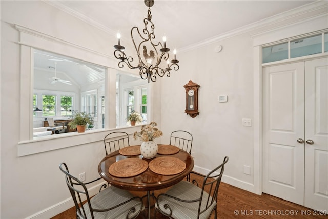 8002 E Galveston Pl, Broken Arrow, OK 74014 - dining space featuring wood finished floors, ceiling fan, crown molding, and a chandelier
