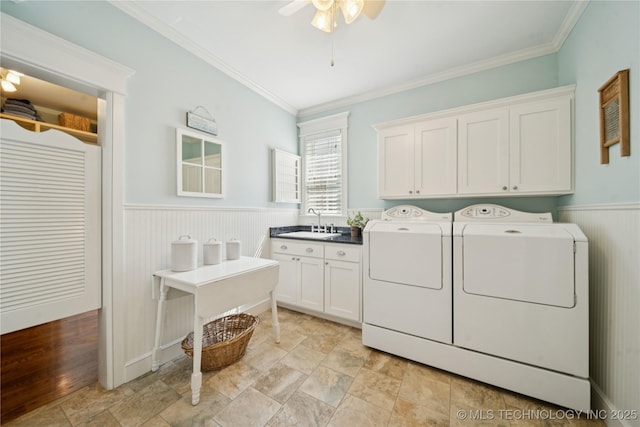 8002 E Galveston Pl, Broken Arrow, OK 74014 - laundry room featuring washing machine and dryer, cabinet space, wainscoting, ceiling fan, and crown molding