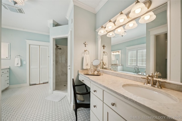 8002 E Galveston Pl, Broken Arrow, OK 74014 - bathroom with vanity, a shower stall, and crown molding