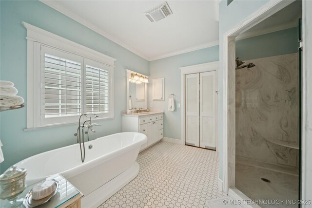 8002 E Galveston Pl, Broken Arrow, OK 74014 - full bathroom with a marble finish shower, vanity, a soaking tub, ornamental molding, and a closet