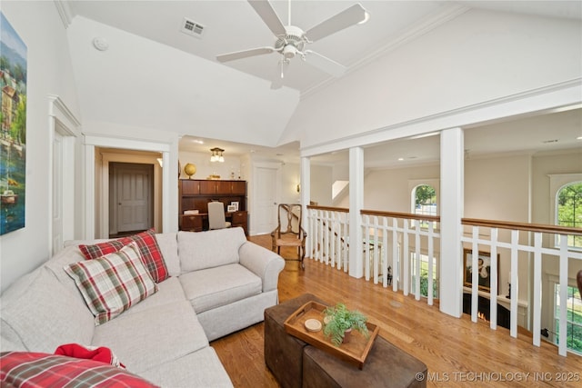 8002 E Galveston Pl, Broken Arrow, OK 74014 - living room featuring ceiling fan, wood finished floors, and high vaulted ceiling