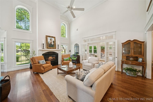 8002 E Galveston Pl, Broken Arrow, OK 74014 - living area featuring high vaulted ceiling, wood finished floors, ceiling fan, a fireplace with flush hearth, and healthy amount of natural light
