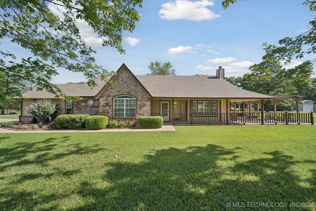 5621 E Hunter Ln, Claremore, OK 74019 - view of front of house with a chimney, a front lawn, and roof with shingles