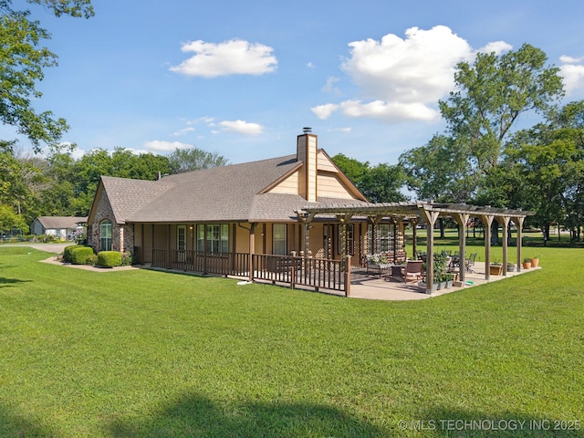 5621 E Hunter Ln, Claremore, OK 74019 - back of property with a pergola, a patio, a lawn, a chimney, and a shingled roof