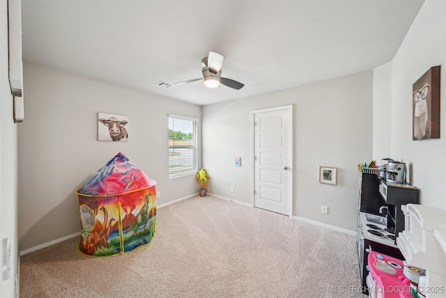 1111 W Cheyenne Ln, Claremore, OK 74019 - game room featuring carpet, a ceiling fan, and an office area