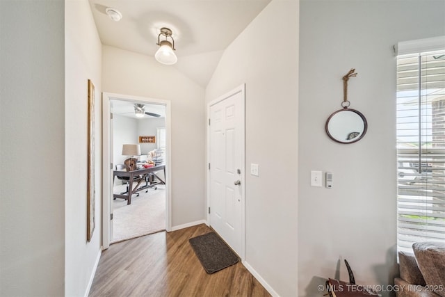 1111 W Cheyenne Ln, Claremore, OK 74019 - entrance foyer with wood finished floors, ceiling fan, and lofted ceiling