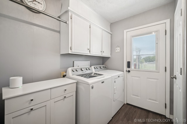 1120 S Sequoyah Dr, Oologah, OK 74053 - washroom with cabinet space, independent washer and dryer, dark wood-type flooring, and a textured ceiling