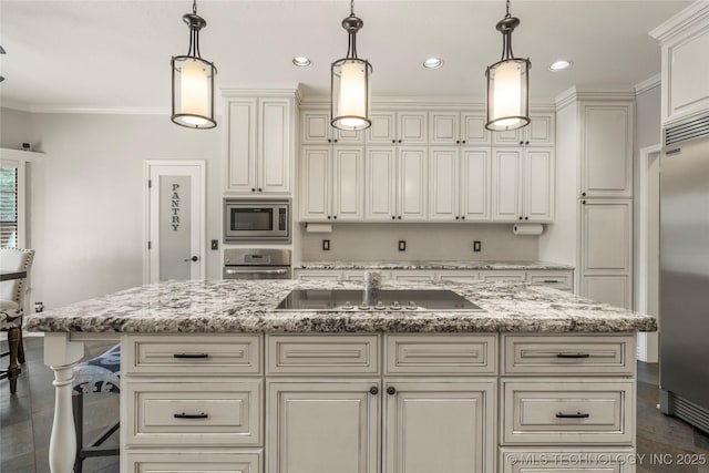 5428 E 88th St, Tulsa, OK 74137 - kitchen with built in appliances, a kitchen island, pendant lighting, light stone counters, and ornamental molding