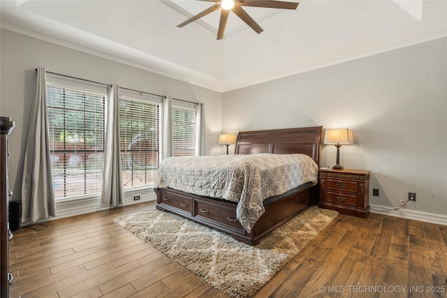5428 E 88th St, Tulsa, OK 74137 - bedroom with hardwood / wood-style floors, ornamental molding, a ceiling fan, and lofted ceiling