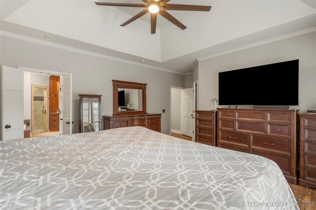 5428 E 88th St, Tulsa, OK 74137 - bedroom featuring crown molding, wood finished floors, ceiling fan, a towering ceiling, and ensuite bath