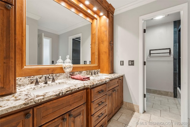 5428 E 88th St, Tulsa, OK 74137 - full bath featuring double vanity, ornamental molding, tile patterned flooring, a shower, and a bath