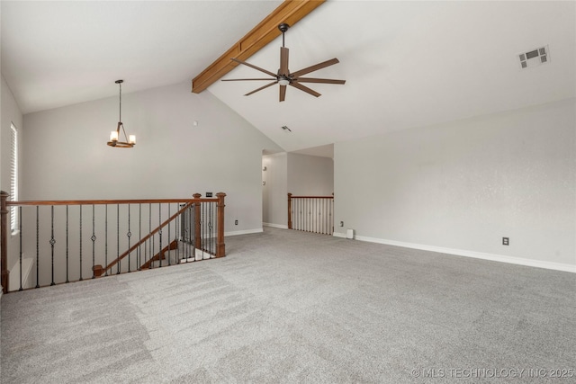 5428 E 88th St, Tulsa, OK 74137 - unfurnished room featuring a ceiling fan, beamed ceiling, carpet, a chandelier, and high vaulted ceiling
