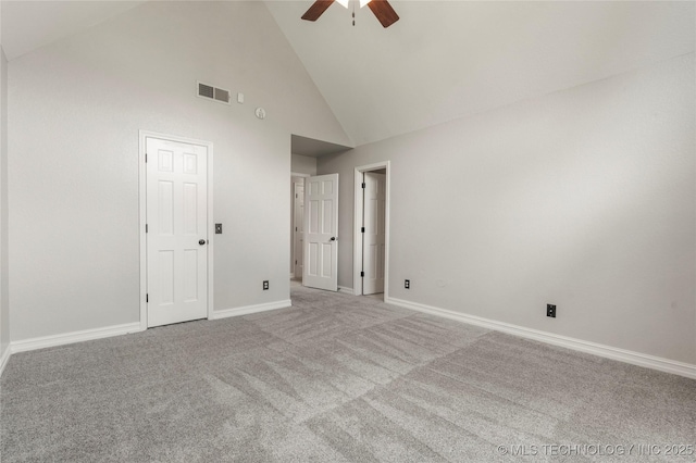 5428 E 88th St, Tulsa, OK 74137 - unfurnished bedroom featuring high vaulted ceiling, carpet, and a ceiling fan