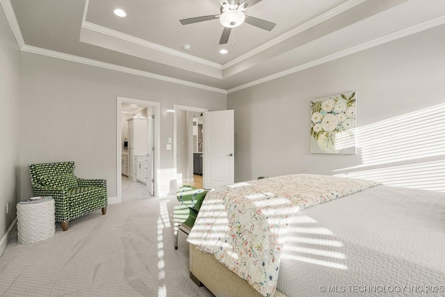 3905 S Elder Blvd, Broken Arrow, OK 74012 - bedroom featuring a raised ceiling, crown molding, light carpet, recessed lighting, and a ceiling fan