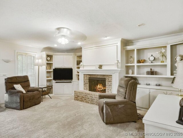 301 S Byrd, Coalgate, OK 74538 - living room featuring crown molding, light carpet, a fireplace, and a ceiling fan