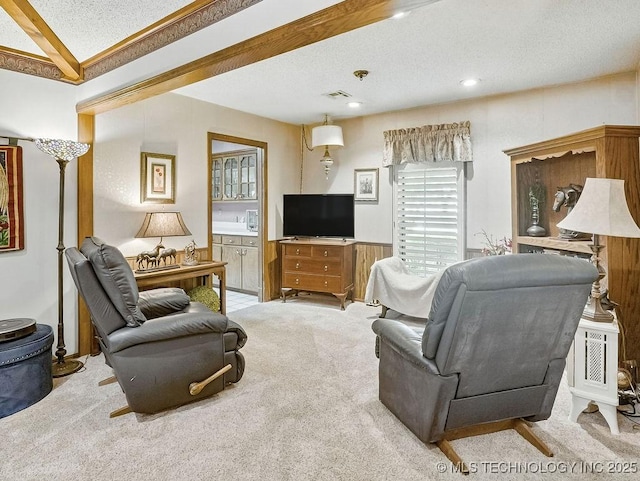 301 S Byrd, Coalgate, OK 74538 - carpeted living area with a textured ceiling and recessed lighting