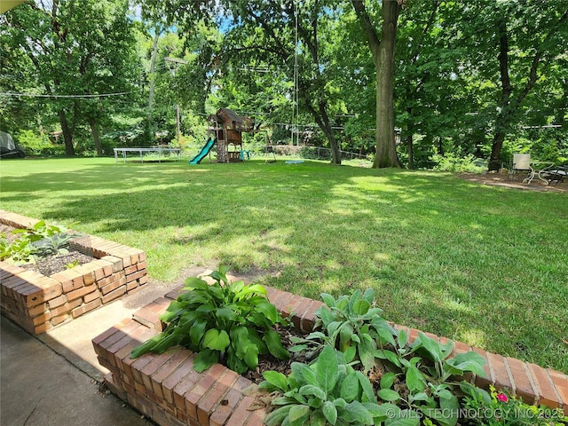 5135 S Marion Pl, Tulsa, OK 74135 - view of grassy yard featuring a playground, a trampoline, and view of scattered trees
