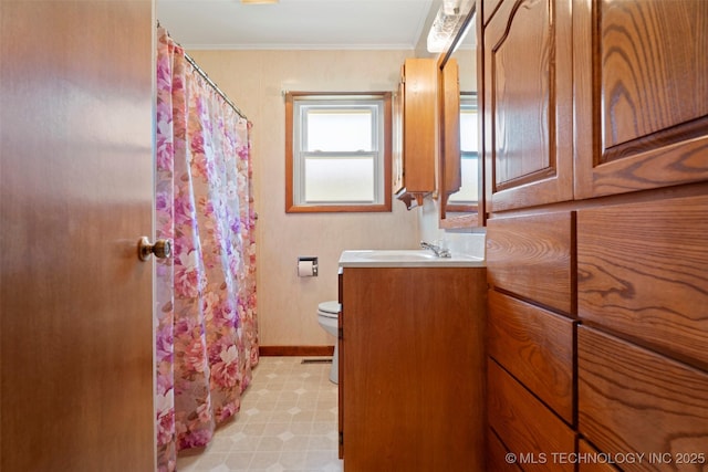 507 S Thompson, Vinita, OK 74301 - bathroom featuring vanity, tile patterned floors, crown molding, and curtained shower