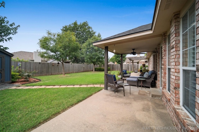 12708 E 78th St, Owasso, OK 74055 - fenced backyard featuring ceiling fan, a patio, and an outdoor hangout area