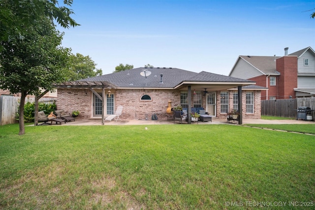 12708 E 78th St, Owasso, OK 74055 - back of property featuring a pergola, brick siding, a patio area, roof with shingles, and ceiling fan