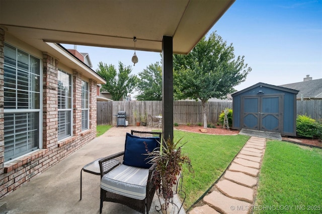12708 E 78th St, Owasso, OK 74055 - fenced backyard with a patio, a storage unit, and grilling area