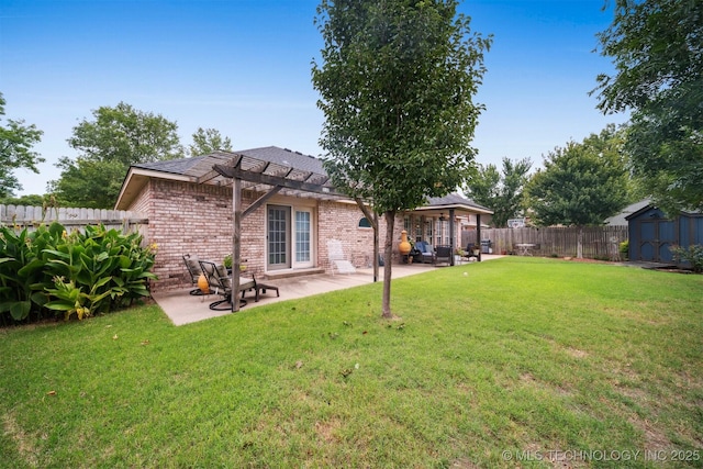 12708 E 78th St, Owasso, OK 74055 - back of house with a pergola, a storage shed, brick siding, a fenced backyard, and a patio area