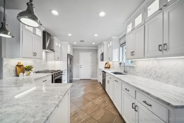 12708 E 78th St, Owasso, OK 74055 - kitchen featuring wall chimney exhaust hood, premium appliances, white cabinetry, light stone counters, and recessed lighting